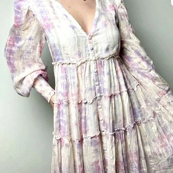 Rococo Sand Emi Metallic Shimmer Purple and Pink Long Sleeve Maxi Dress - Picture 15 of 15